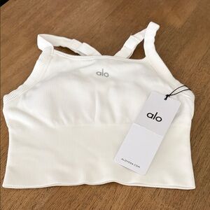 ALO Yoga White Ribbed Tank with Subtle Logo